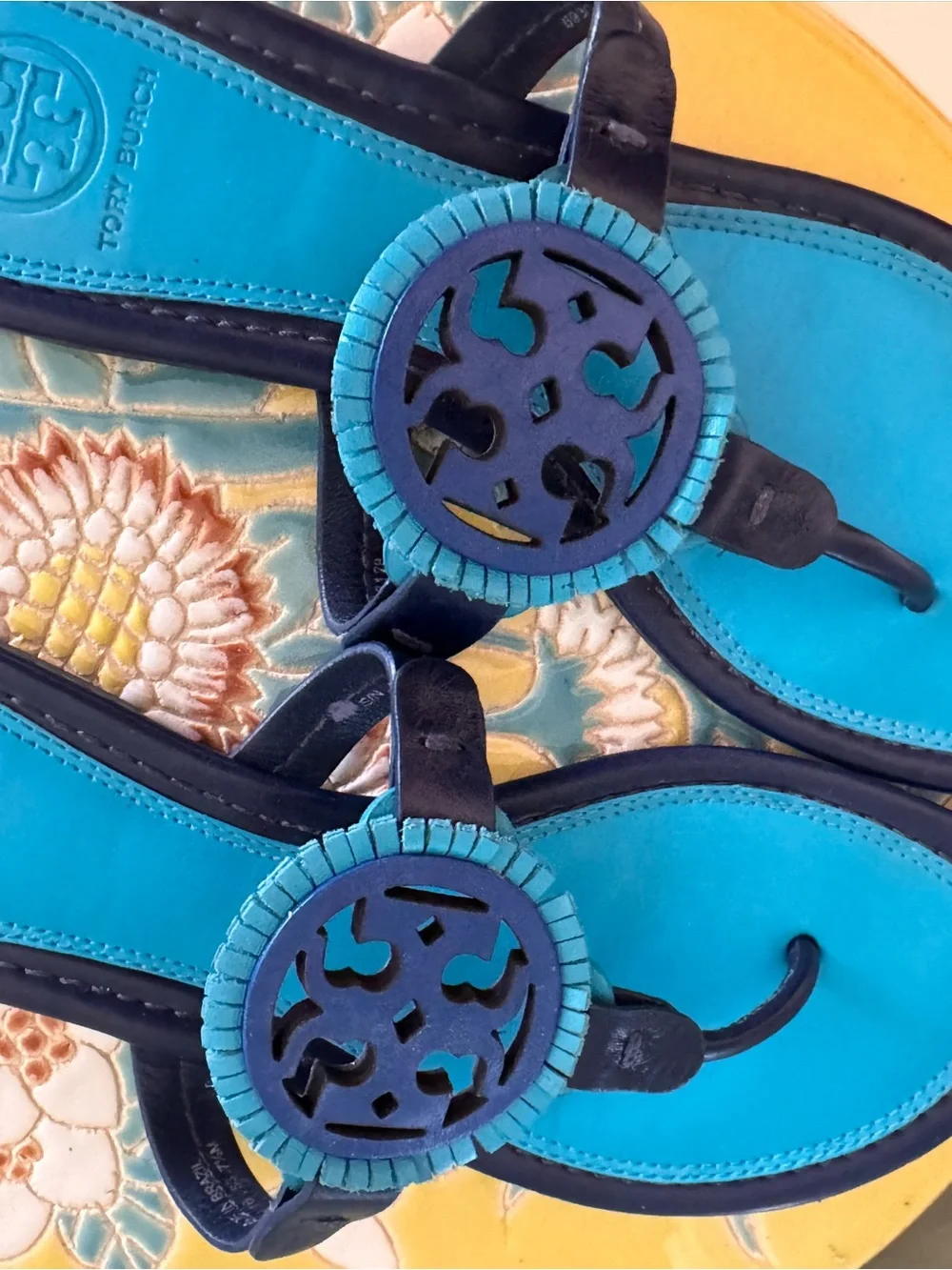 Tory Burch Turquoise and Navy Miller Thong Sandals